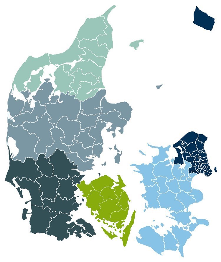 Danmarkskort inddelt i seks regioner. || Regioner 2020 Tsc