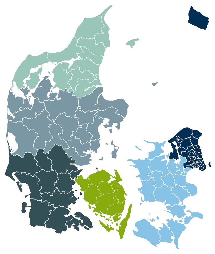 Danmarkskort inddelt i seks regioner med farver || Danmarkskort Med Seks Regioner