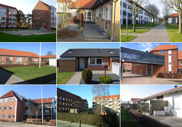 Collage af ni billeder af boliger, der i dag hører under Boligselskabet Domea Varde, Domea Ølgod og Boligselskabet BSB Esbjerg. || Fusion-Vestjylland_web.png