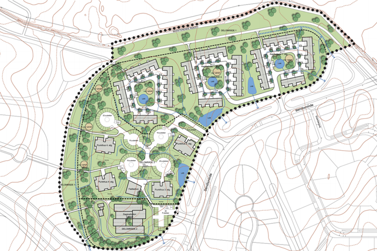 Billedet viser en oversigt over området, hvor de nye almene boliger skal placeres. || Bendixminde Oversigt Web Stor