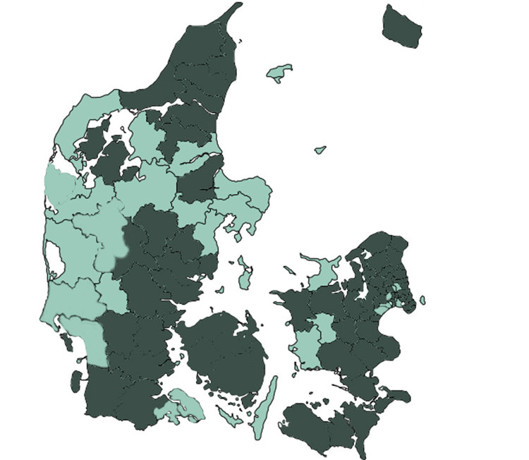Danmarkskort med angivelse af de kommuner, som vores kunders boliger ligger i. || Danmarkskort Med Kommuner Til Web Png Nov21