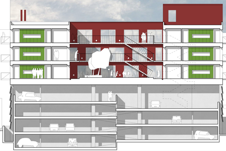 illustration af en rød bygning oven på et parkeringshus. || Hillerød3 M Parkeringshus 900