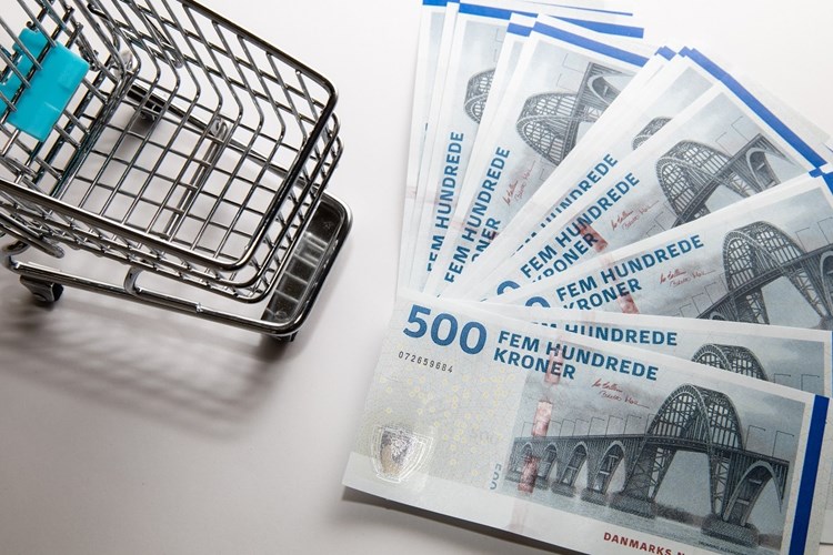 Billede af en miniature-indkøbsvogn og en vifte 500-krone sedler. || Indkob Web