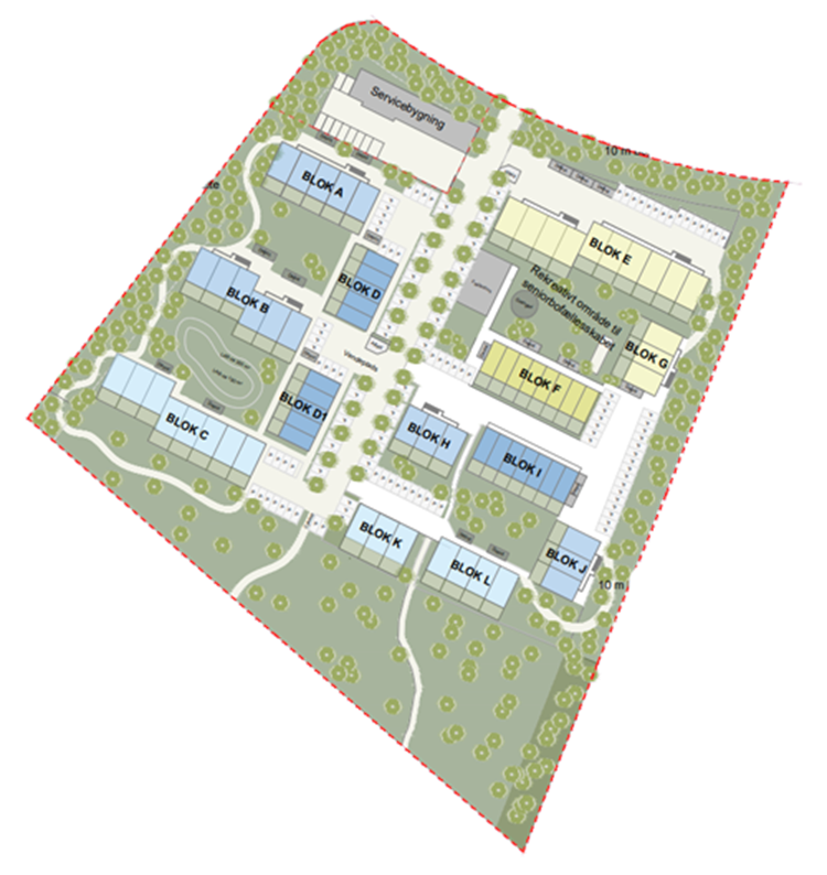 Illustration - oversigt over området med bygningernes placering. || Området Nygårdsvej 500