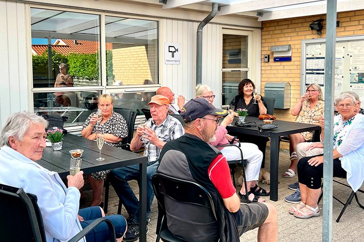 Mennesker sidder ved borde under et halvtag og skåler i champagne. || Baeredygtighedspris Aeblelunden Beboere Skaaler 1000