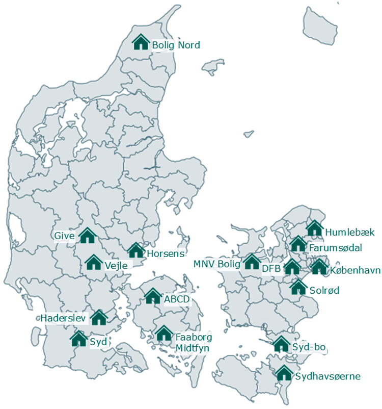 Danmarkskort med små huse på, der symboliserer servicecentre. || Danmarkskort Over Servicecentre Mv. Dec 2025